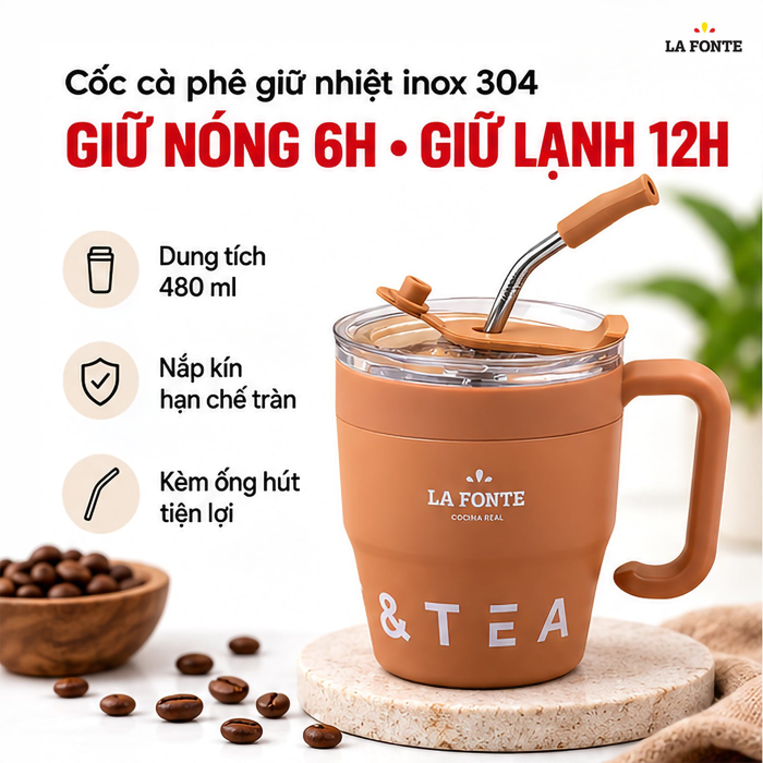 Cốc Cà Phê Giữ Nhiệt Kèm Ống Hút La Fonte 480 ml Màu Nâu – Kèm Ống Hút Tiện Dụng