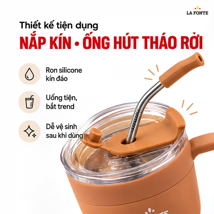 Cốc Cà Phê Giữ Nhiệt Kèm Ống Hút La Fonte 480 ml Màu Nâu – Kèm Ống Hút Tiện Dụng
