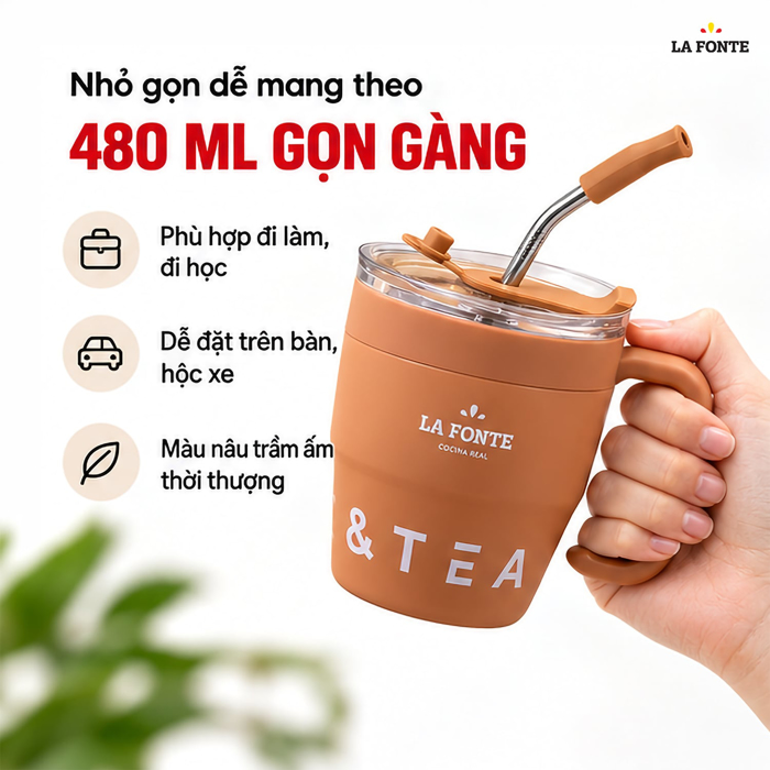 Cốc Cà Phê Giữ Nhiệt Kèm Ống Hút La Fonte 480 ml Màu Nâu – Kèm Ống Hút Tiện Dụng