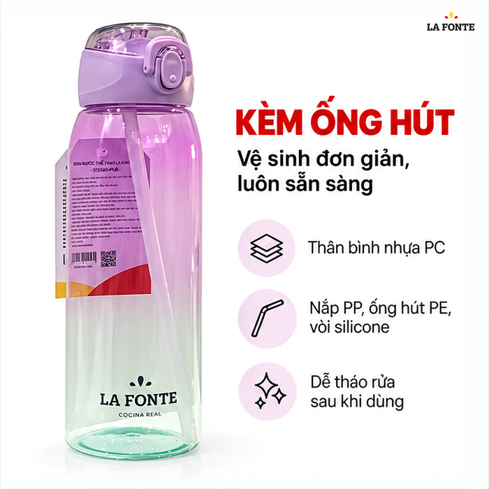 Bình Nước Thể Thao La Fonte 900 ml Màu Tím Phối Xanh – Kèm Ống Hút Tiện Dụng