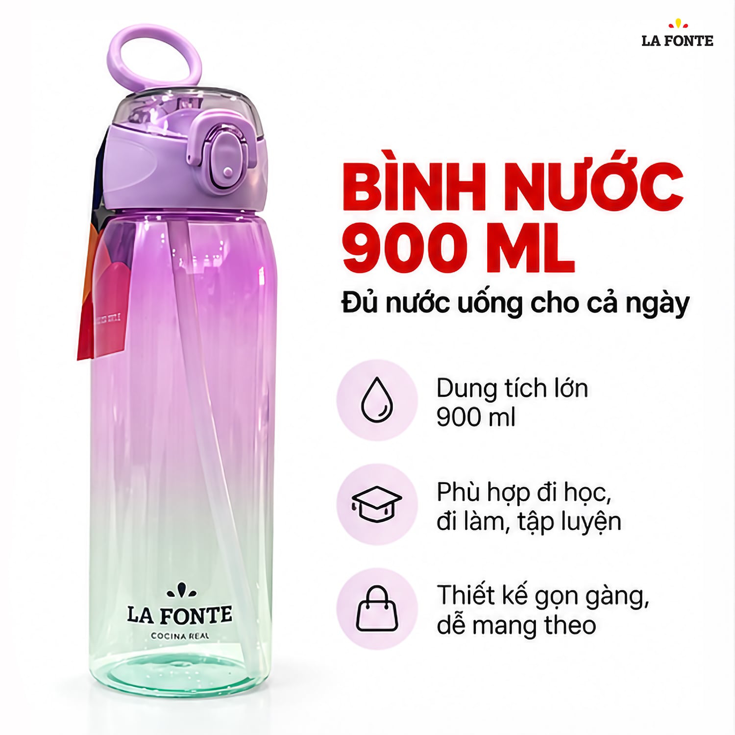 Bình Nước Thể Thao La Fonte 900 ml Màu Tím Phối Xanh – Kèm Ống Hút Tiện Dụng