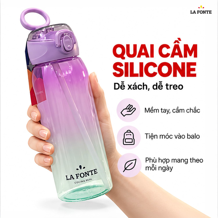 Bình Nước Thể Thao La Fonte 900 ml Màu Tím Phối Xanh – Kèm Ống Hút Tiện Dụng
