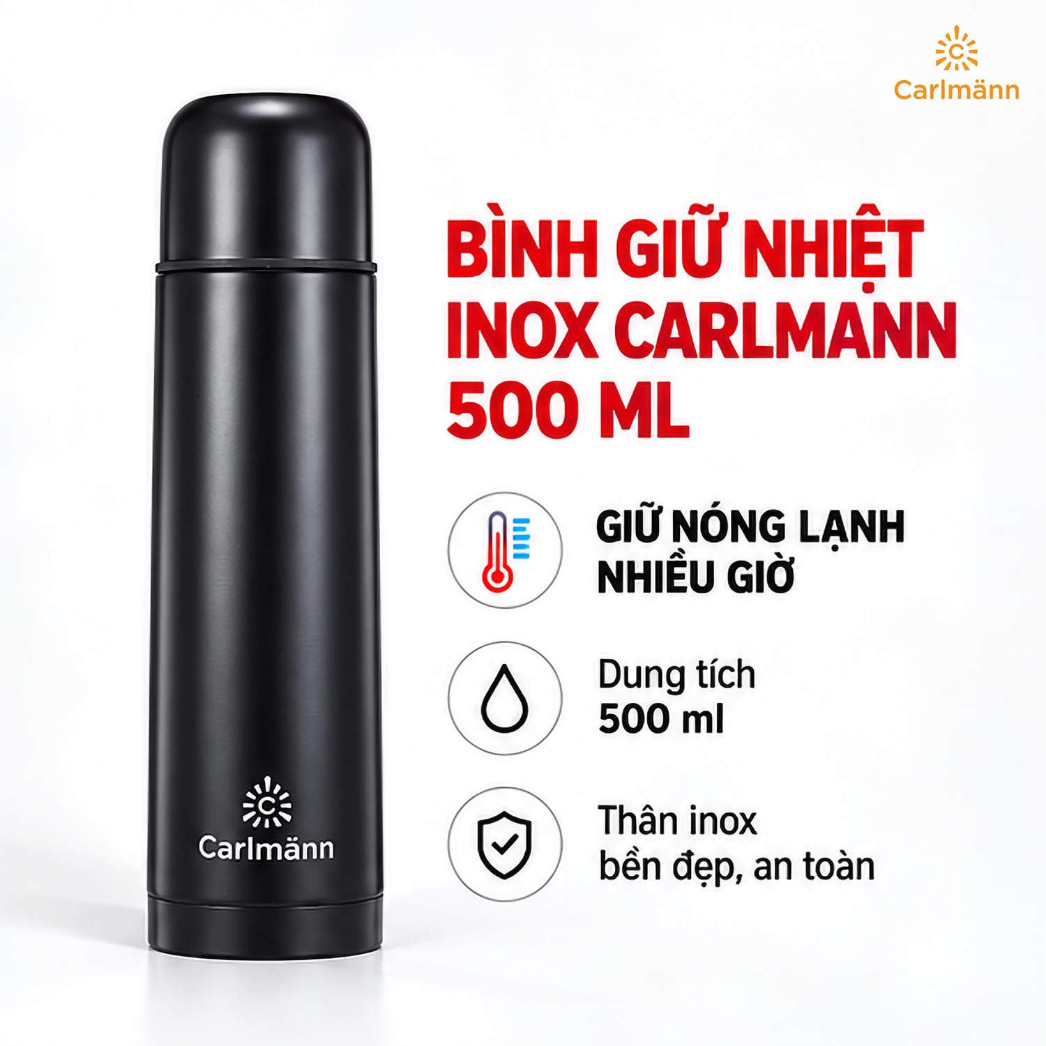 Bình Giữ Nhiệt Inox Carlmann 500 ml Màu Đen – Giữ Nóng Lạnh Tiện Lợi