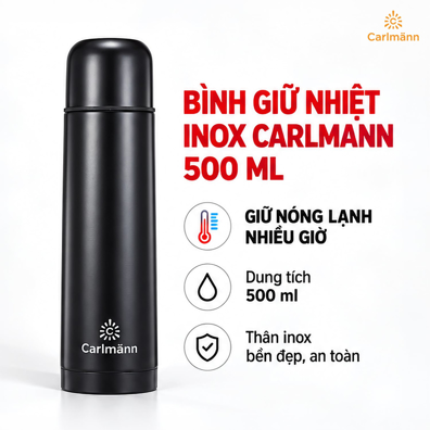Bình Giữ Nhiệt Inox Carlmann 500 ml Màu Đen – Giữ Nóng Lạnh Tiện Lợi