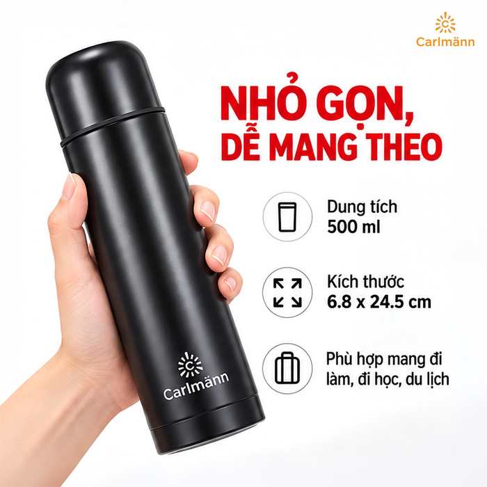 Bình Giữ Nhiệt Inox Carlmann 500 ml Màu Đen – Giữ Nóng Lạnh Tiện Lợi