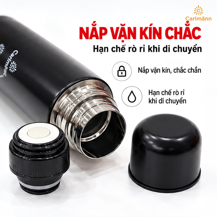 Bình Giữ Nhiệt Inox Carlmann 500 ml Màu Đen – Giữ Nóng Lạnh Tiện Lợi