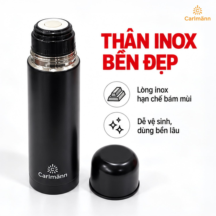 Bình Giữ Nhiệt Inox Carlmann 500 ml Màu Đen – Giữ Nóng Lạnh Tiện Lợi