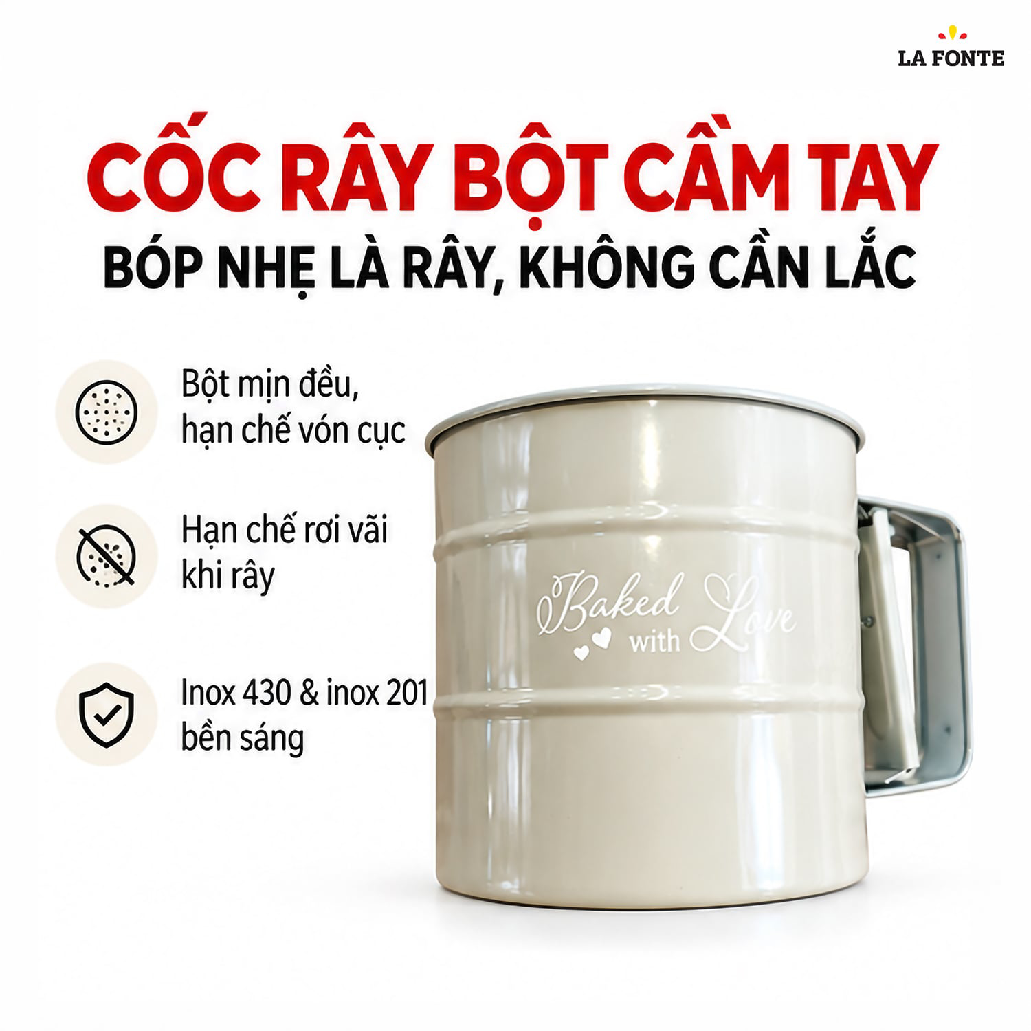 Cốc Rây Bột Cầm Tay 430 Inox La Fonte – Bền Bỉ Chống Gỉ