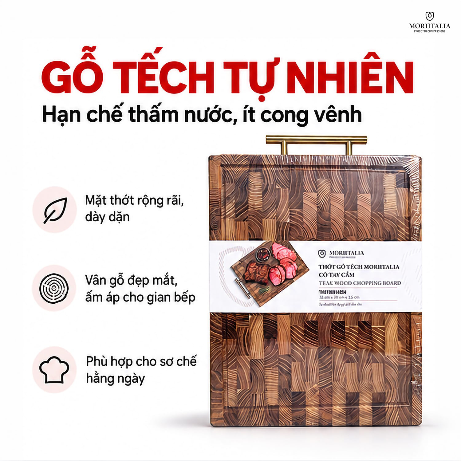 Thớt Gỗ Tếch Moriitalia 38 x 30 x 3.5 cm – Có Tay Cầm, Hạn Chế Cong Vênh