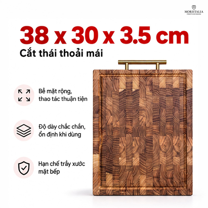 Thớt Gỗ Tếch Moriitalia 38 x 30 x 3.5 cm – Có Tay Cầm, Hạn Chế Cong Vênh