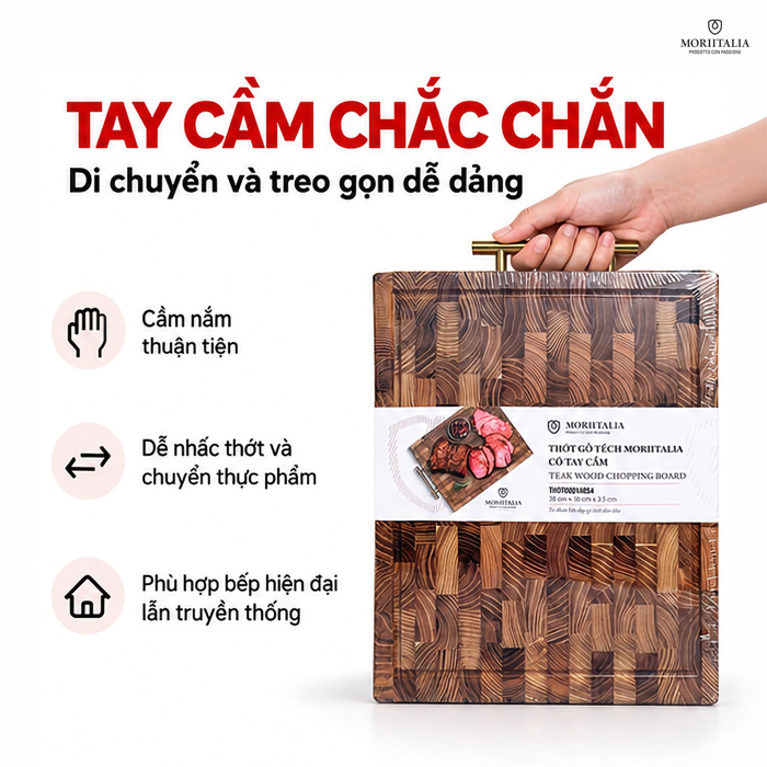 Thớt Gỗ Tếch Moriitalia 38 x 30 x 3.5 cm – Có Tay Cầm, Hạn Chế Cong Vênh