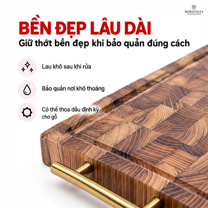 Thớt Gỗ Tếch Moriitalia 38 x 30 x 3.5 cm – Có Tay Cầm, Hạn Chế Cong Vênh