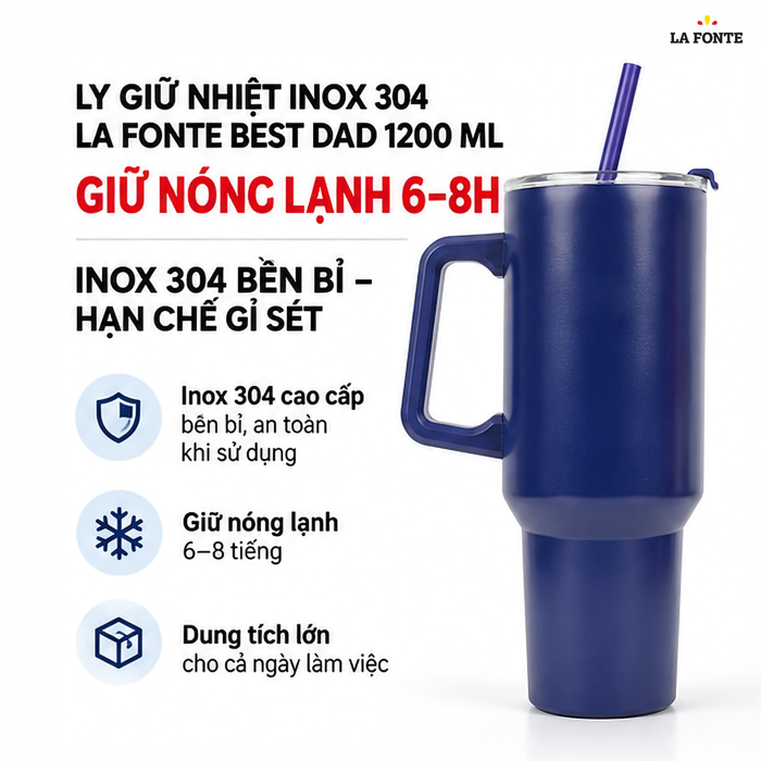 Ly Giữ Nhiệt Best Dad La Fonte Có Tay Cầm 1200 ml Màu Xanh Dương – Tay Cầm Kèm Ống Hút