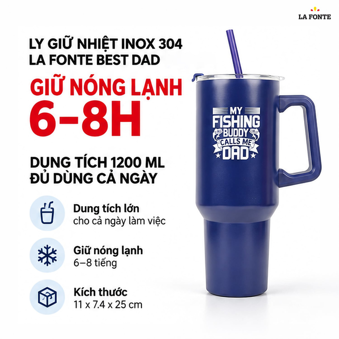 Ly Giữ Nhiệt Best Dad La Fonte Có Tay Cầm 1200 ml Màu Xanh Dương – Tay Cầm Kèm Ống Hút