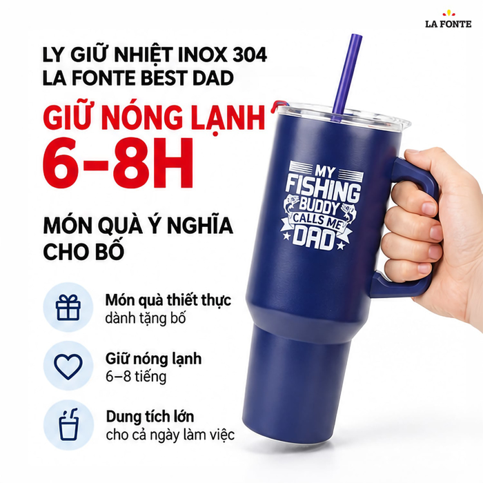 Ly Giữ Nhiệt Best Dad La Fonte Có Tay Cầm 1200 ml Màu Xanh Dương – Tay Cầm Kèm Ống Hút