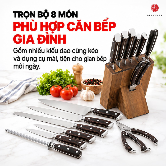 Bộ Dao Delaware 8 Món – Thép Không Gỉ, Độ Bền Cao