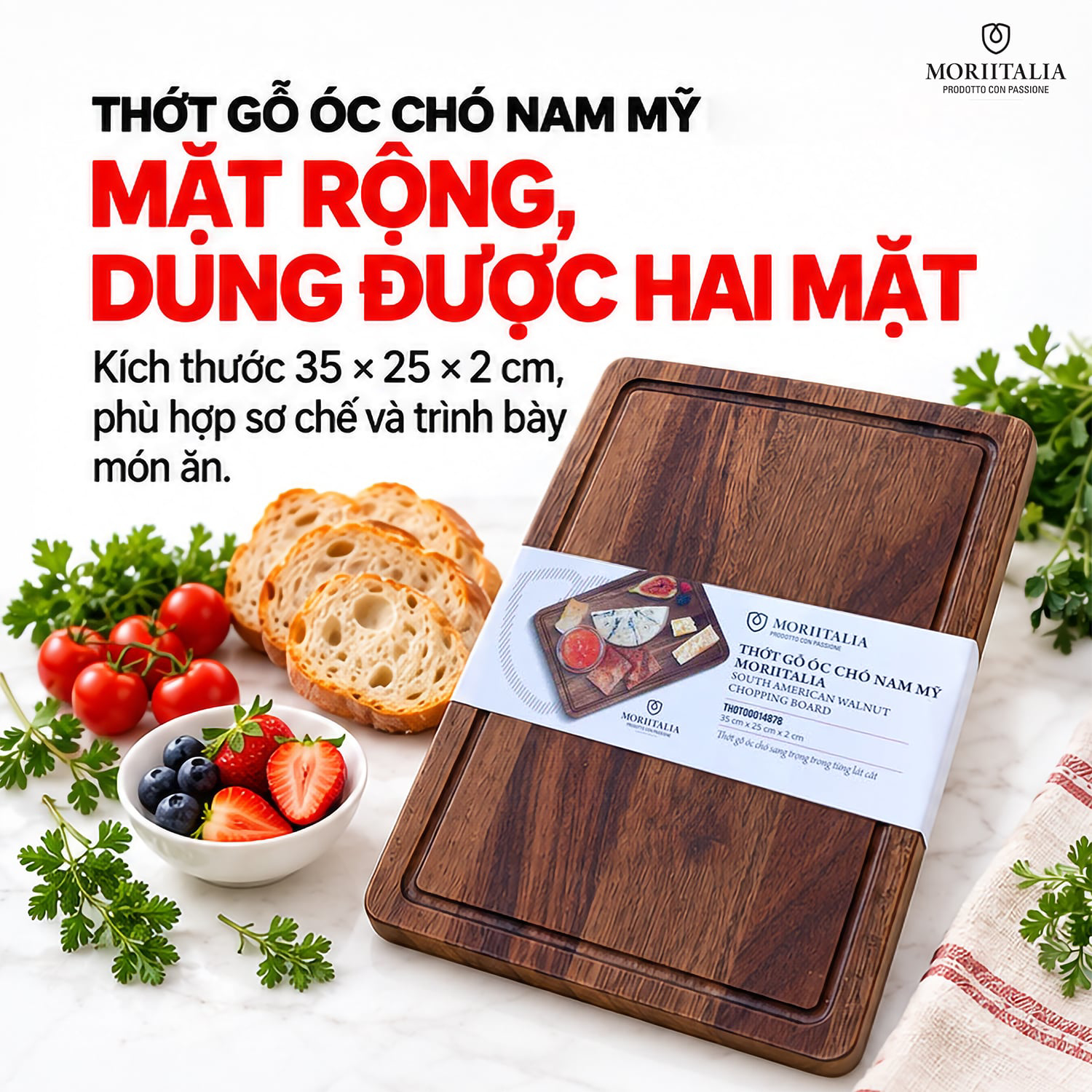 Thớt Gỗ Óc Chó Nam Mỹ Moriitalia 35 x 25 x 2 cm – Dùng Hai Mặt