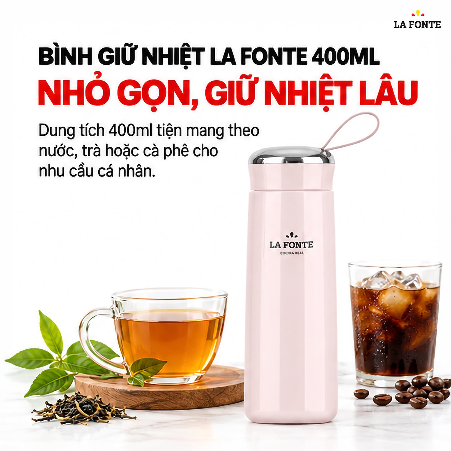 Bình Giữ Nhiệt La Fonte 400 ml Màu Hồng – Giữ Nóng Lạnh Tiện Lợi