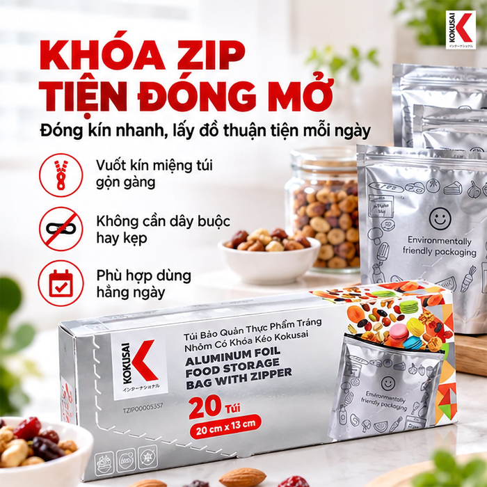 Túi Bảo Quản Thực Phẩm Tráng Nhôm Kokusai 20 x 13 cm – Khóa Zip Tiện Đóng Mở
