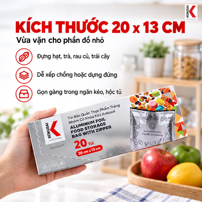 Túi Bảo Quản Thực Phẩm Tráng Nhôm Kokusai 20 x 13 cm – Khóa Zip Tiện Đóng Mở