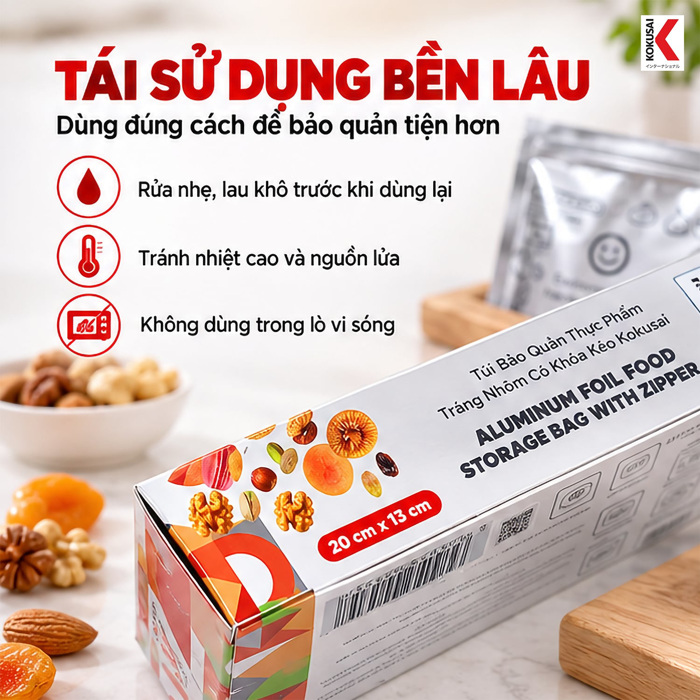 Túi Bảo Quản Thực Phẩm Tráng Nhôm Kokusai 20 x 13 cm – Khóa Zip Tiện Đóng Mở