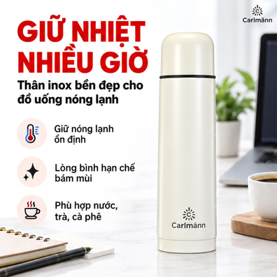 Bình Giữ Nhiệt Inox Carlmann 500 ml Màu Trắng – Giữ Nóng Lạnh Tiện Lợi