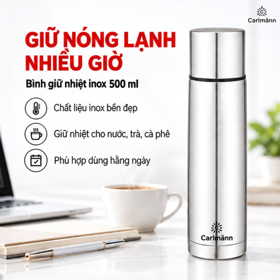 Bình Giữ Nhiệt Inox Carlmann 500 ml – Giữ Nóng Lạnh Tiện Lợi