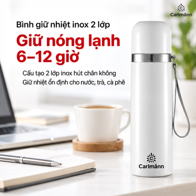 Bình Giữ Nhiệt Nóng Lạnh Bes502 Inox Carlmann 500 ml – Quai Xách Tiện Mang Theo