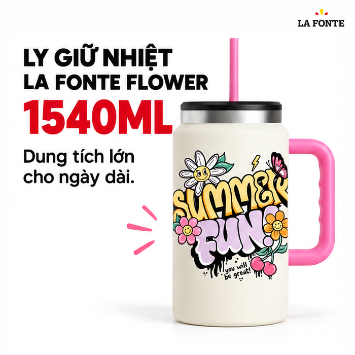 Ly Giữ Nhiệt Flower Kèm Ống Hút Inox 304 La Fonte 1540 ml Màu Trắng Phối Hồng – Tay Cầm Kèm Ống Hút
