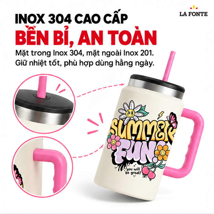 Ly Giữ Nhiệt Flower Kèm Ống Hút Inox 304 La Fonte 1540 ml Màu Trắng Phối Hồng – Tay Cầm Kèm Ống Hút