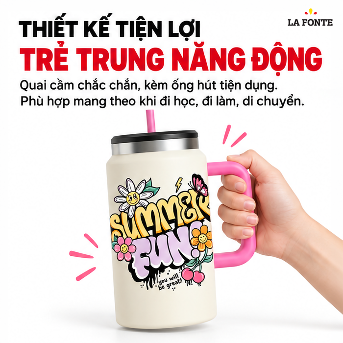 Ly Giữ Nhiệt Flower Kèm Ống Hút Inox 304 La Fonte 1540 ml Màu Trắng Phối Hồng – Tay Cầm Kèm Ống Hút