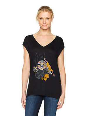 Áo thun ngắn tay nữ thêu họa tiết hoa bướm Desigual T-SHIRT NEGRO - 17WWTK852000