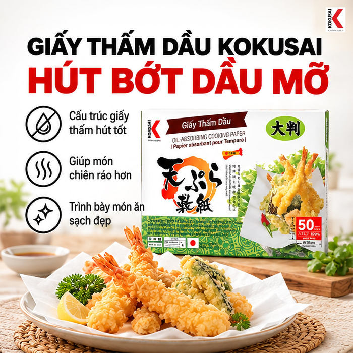 Giấy Thấm Dầu Kokusai Tempura 19.5 x 22 cm, 50 Tờ – Hút Bớt Dầu Mỡ Sau Chế Biến