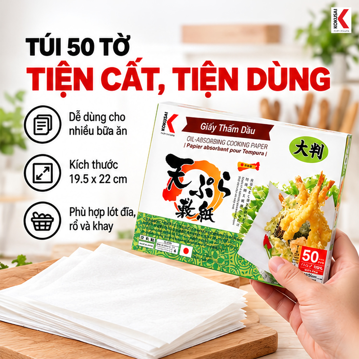 Giấy Thấm Dầu Kokusai Tempura 19.5 x 22 cm, 50 Tờ – Hút Bớt Dầu Mỡ Sau Chế Biến