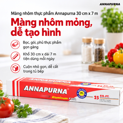 Màng Nhôm Thực Phẩm Annapurna 30 cm x 7 m – Dễ Tạo Hình Khi Bọc Gói