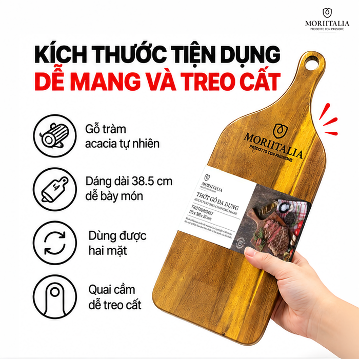 Thớt Gỗ Đa Dụng Moriitalia 175 x 385 x 20 mm – Dáng Dài, Tiện Sơ Chế