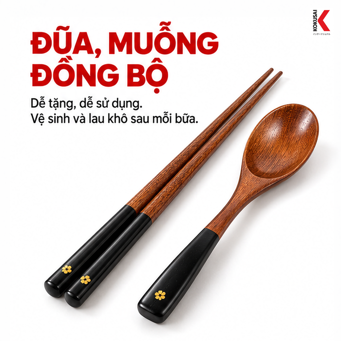 Bộ Đũa Và Muỗng Kokusai – Chất Liệu Gỗ Anh Đào