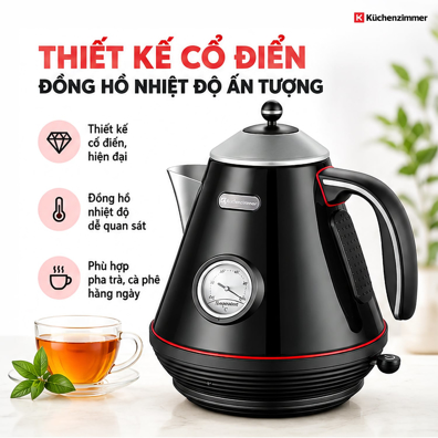 Ấm Đun Nước Kuchenzimmer 1.7 L Màu Đen – Có Đồng Hồ Nhiệt Độ, Tự Ngắt Khi Sôi